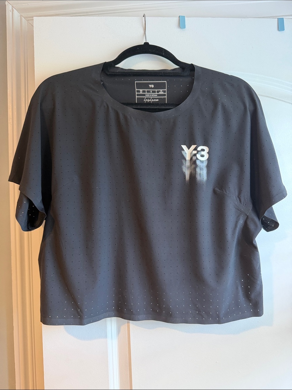 Y-3 Black Short-Sleeve Perforated Logo Tee